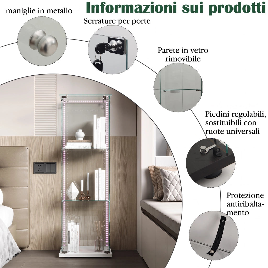Vetrina espositiva in vetro temperato base bianca con luci LED RGB e serratura, 39,8x35x123,3cm, ripiani regolabili per collezioni e modellini