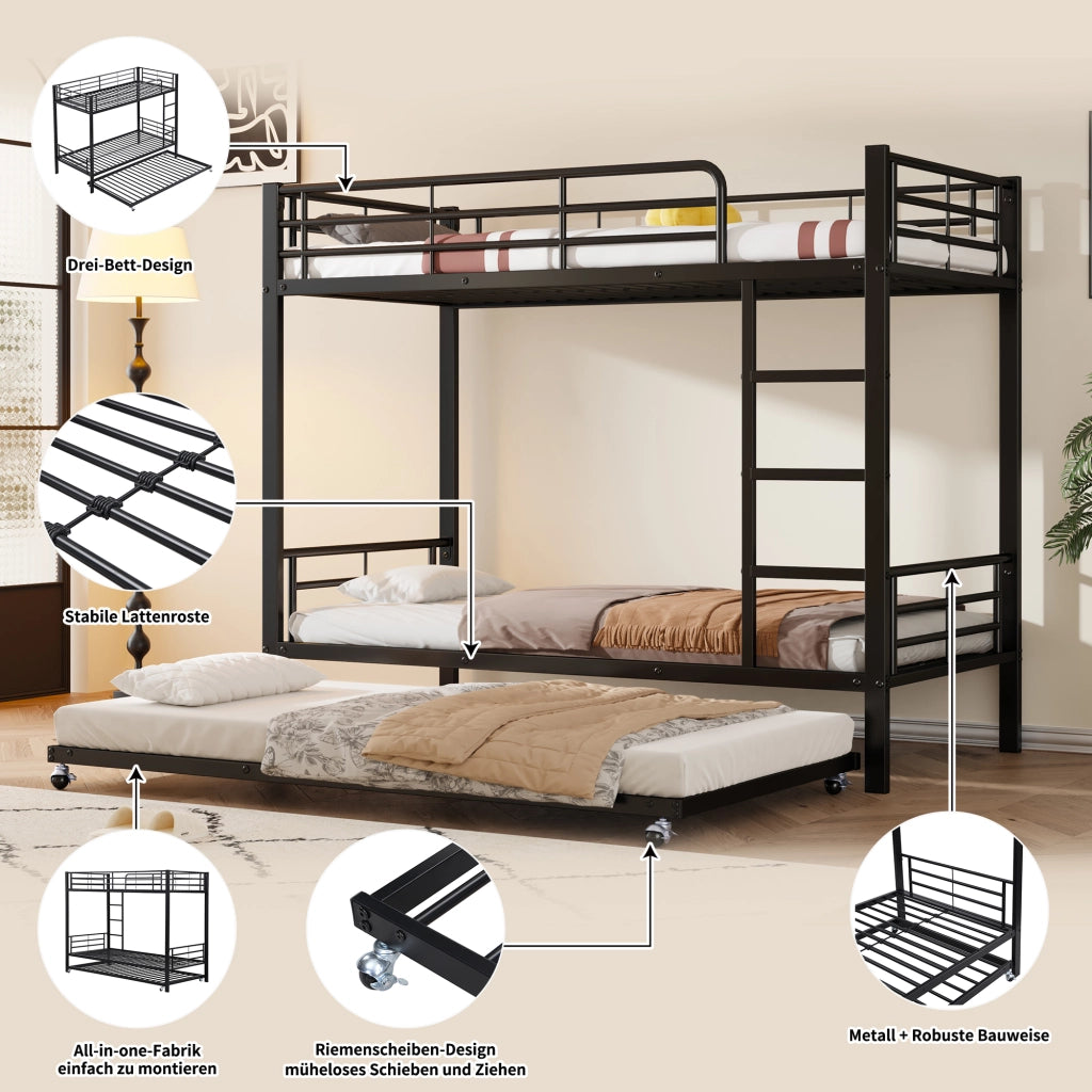 Letto a castello 90 × 200 cm e 90 × 190 cm con letto estraibile, senza materasso, in metallo, nero