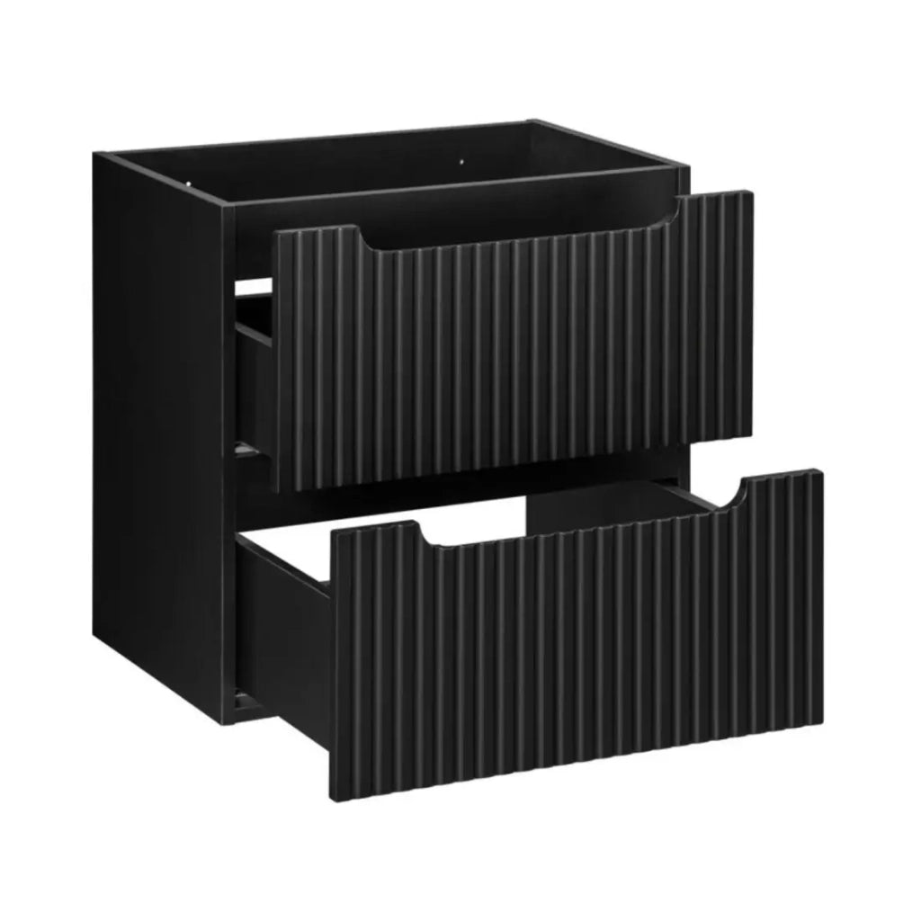 Insieme VANO 140cm: mobili sotto lavabo con nicchie a cassetti e armadietti + due lavabi da appoggio scanalati
