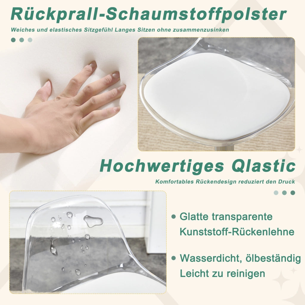 Set di 2 Sgabelli da Bar; Altezza Regolabile; Seduta Girevole; Schienale Trasparente; Poggiapiedi; Metallo e Plastica; Bianco e Argento
