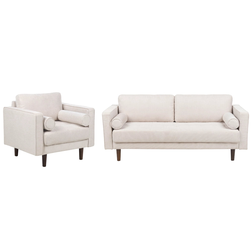Set da soggiorno divano 3 posti e poltrona Imbottiti in tessuto beige con schienale imbottito stile retrò soggiorno