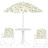 Set da Giardino per Bambini 2-5 Anni con Tavolino Rotondo, 2 Sedie Pieghevoli e un Ombrellone, Bianco