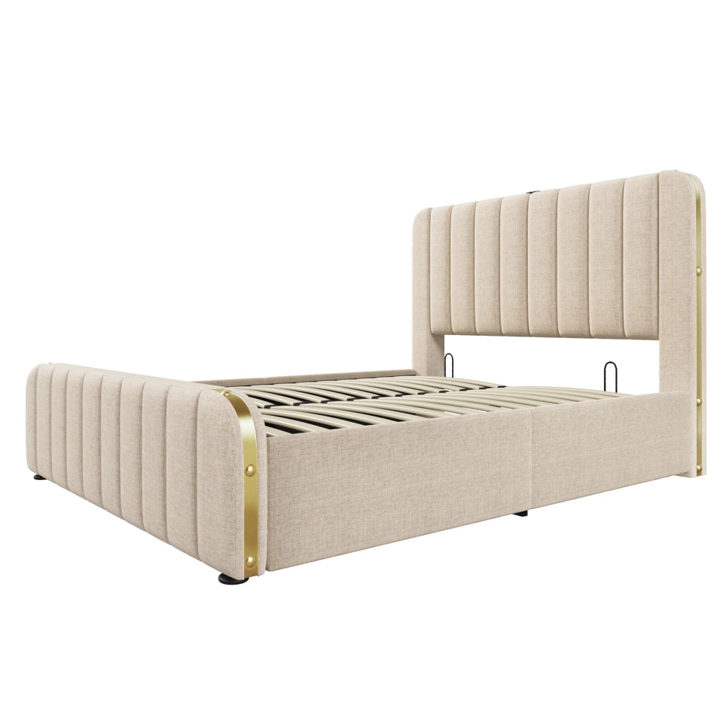 Letto matrimoniale contenitore 160x200 cm con porta USB e USB C; lino beige