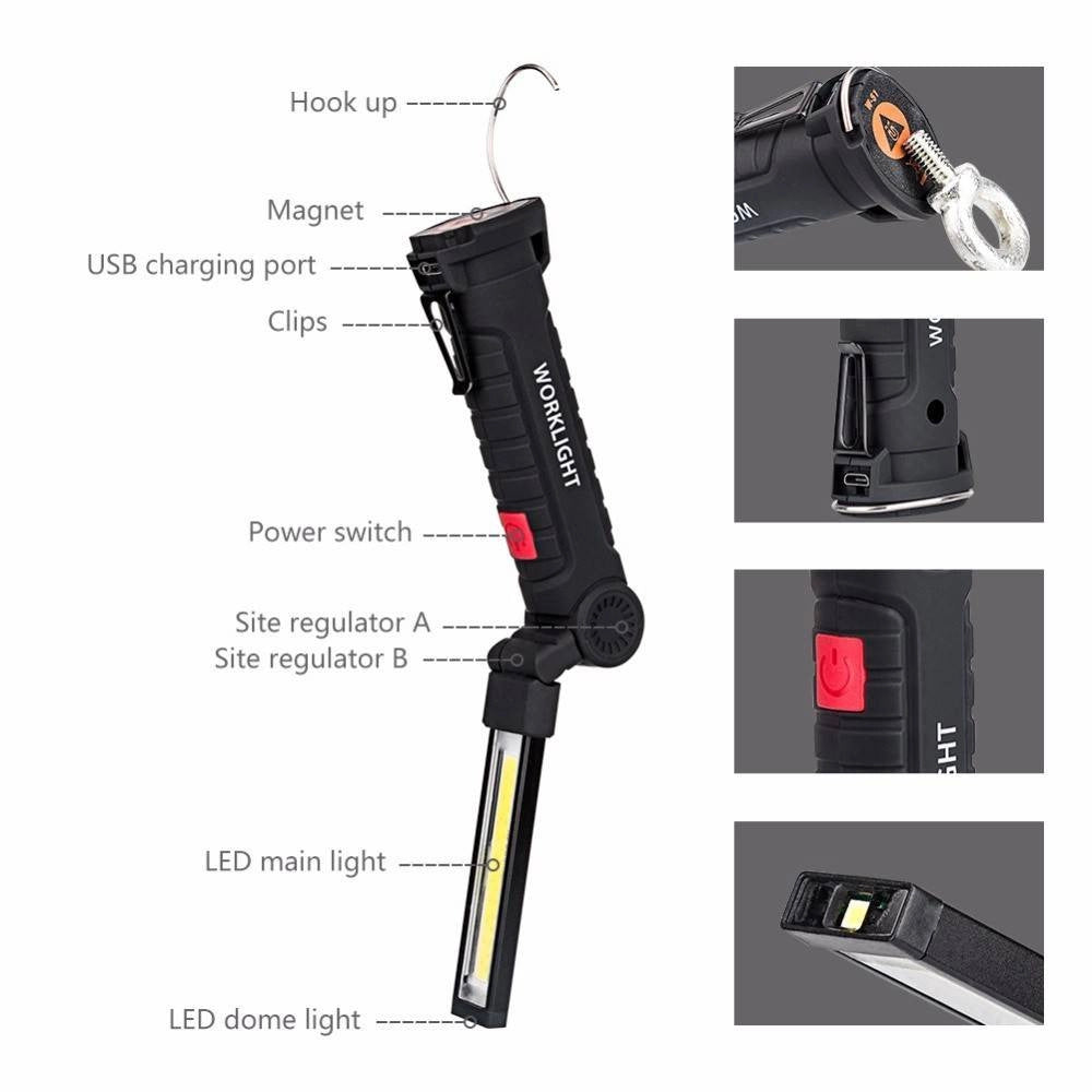 Trade Shop - Mini Torcia Ricaricabile Led Cob Magnetica Snodata Luce Lampada Lavoro Meccanico -