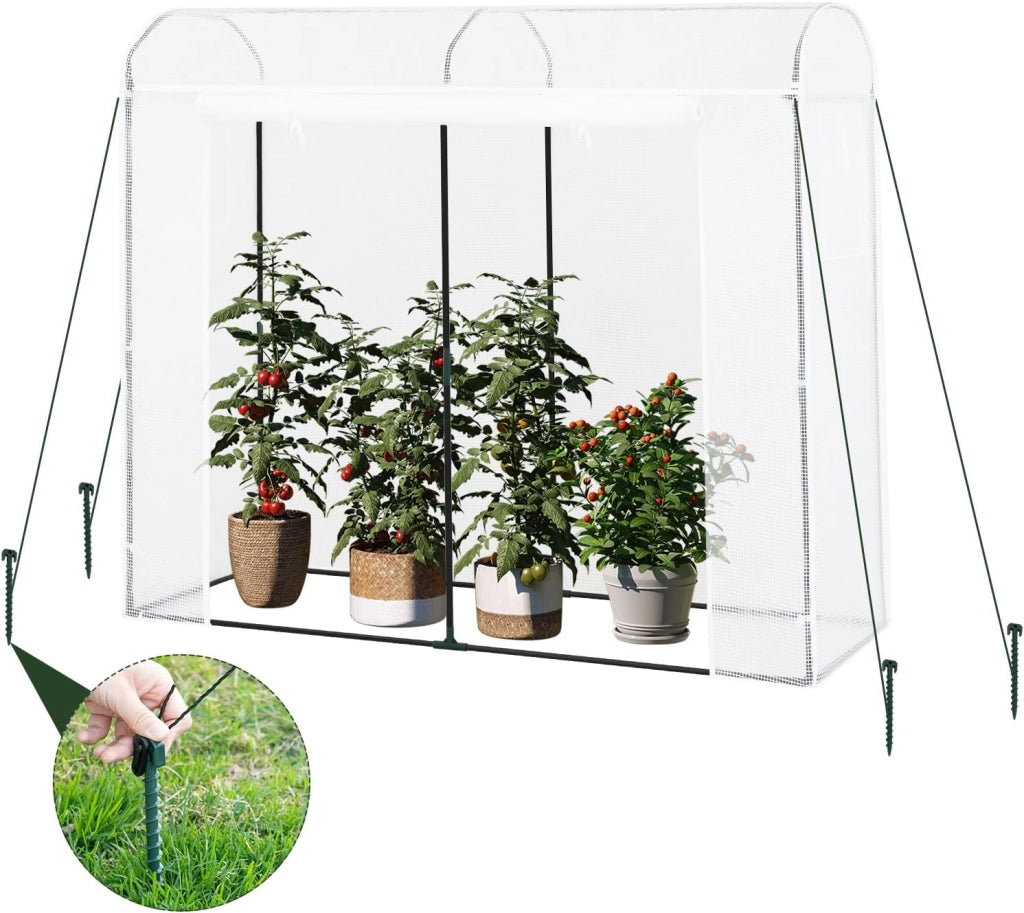 Serra da Giardino a Tunnel, Copertura per Piante da Esterno, in Rete PE e Tubi d’Acciaio Zincato, Porta Avvolgibile con Cerniere e 2 Finestre Laterali,170x68x200 cm, Bianco