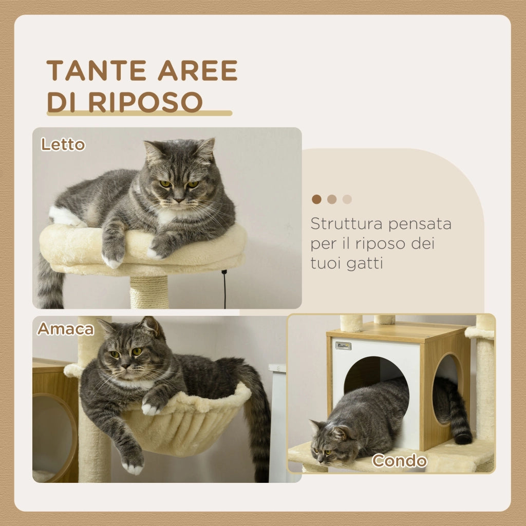 EasyComfort Albero per Gatti con Casetta, Tiragraffi per Gatti, Posatoio e Paletto, 48.5x48.5x141.5 cm, Beige