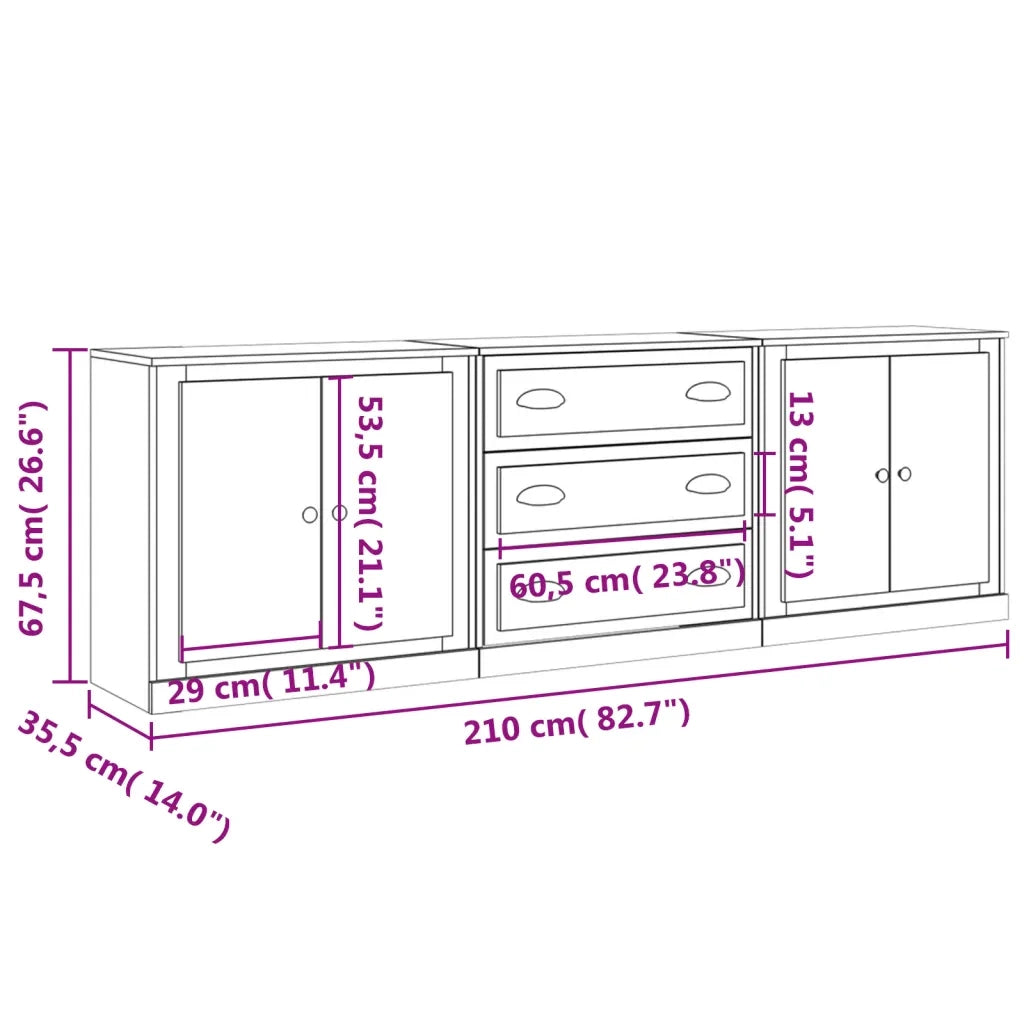 vidaXL Credenze 3 pz Rovere Fumo in Legno Multistrato
