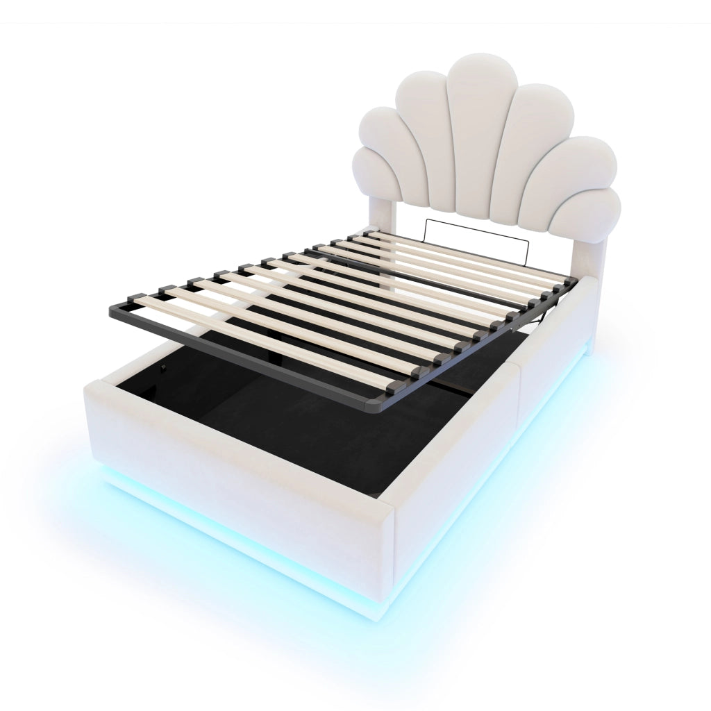Letto imbottito 90x200 cm con contenitore idraulico e LED in velluto beige