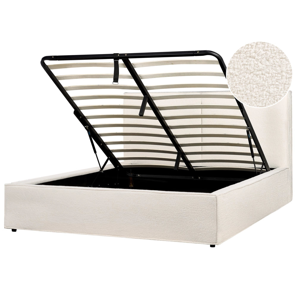 Letto king size 160 x 200 cm Bianco Sporco Rivestimento in bouclé Ottomana di contenitore Telaio a doghe Camera da letto moderna contemporanea