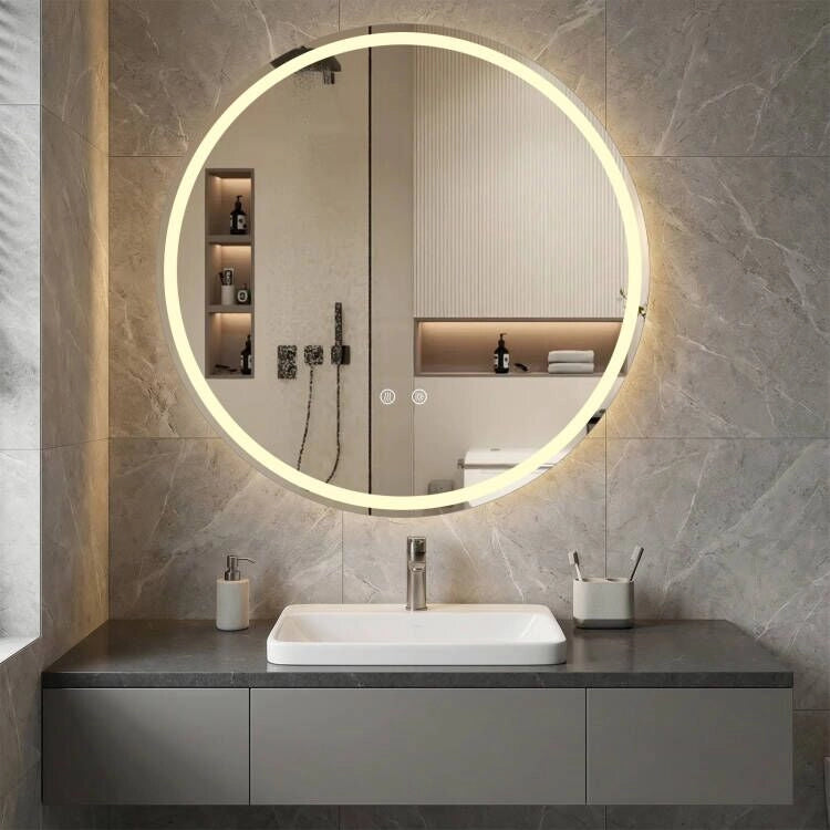 Specchio rotondo led bagno parete luminosità regolabile touch-Specchio vetro temperato memoria anti-appannamento design moderno 80 cm