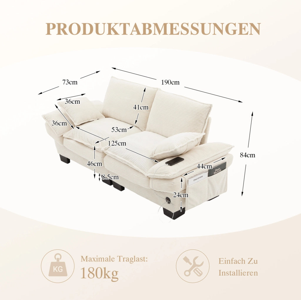 Divano 190x73x84 cm beige – 2 posti modulare con USB-C, tessuto corduroy