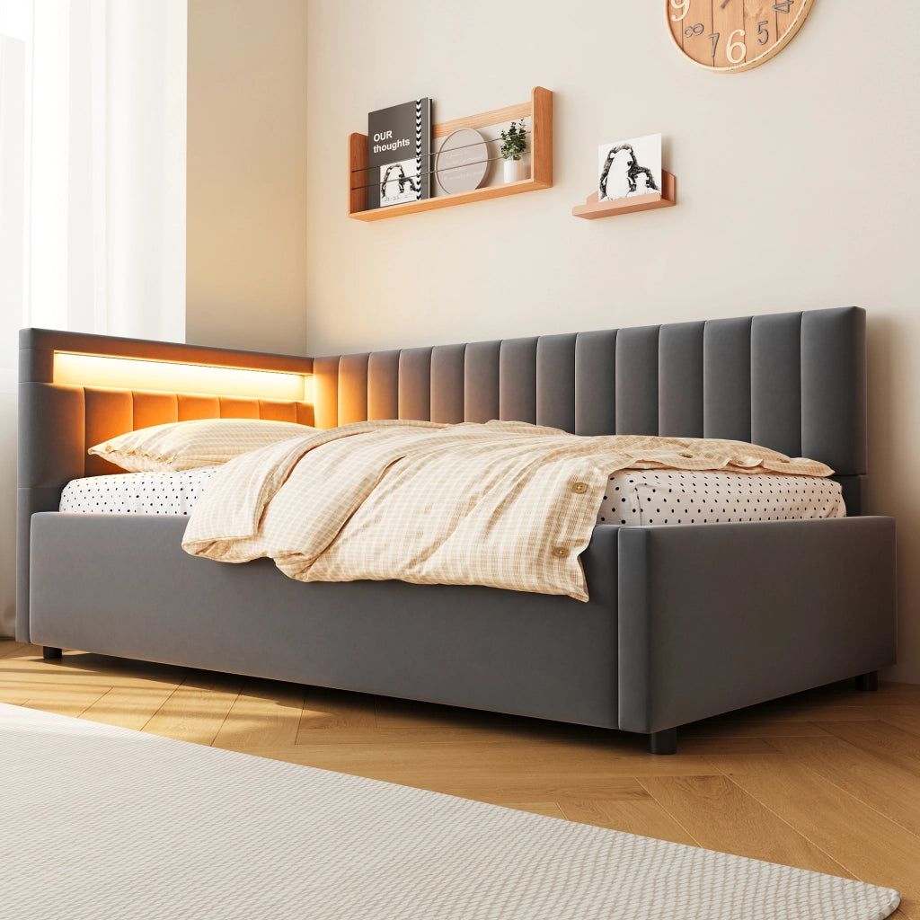 Letto imbottito singolo 90×200 cm con contenitore; LED e rete; senza materasso; velluto; grigio