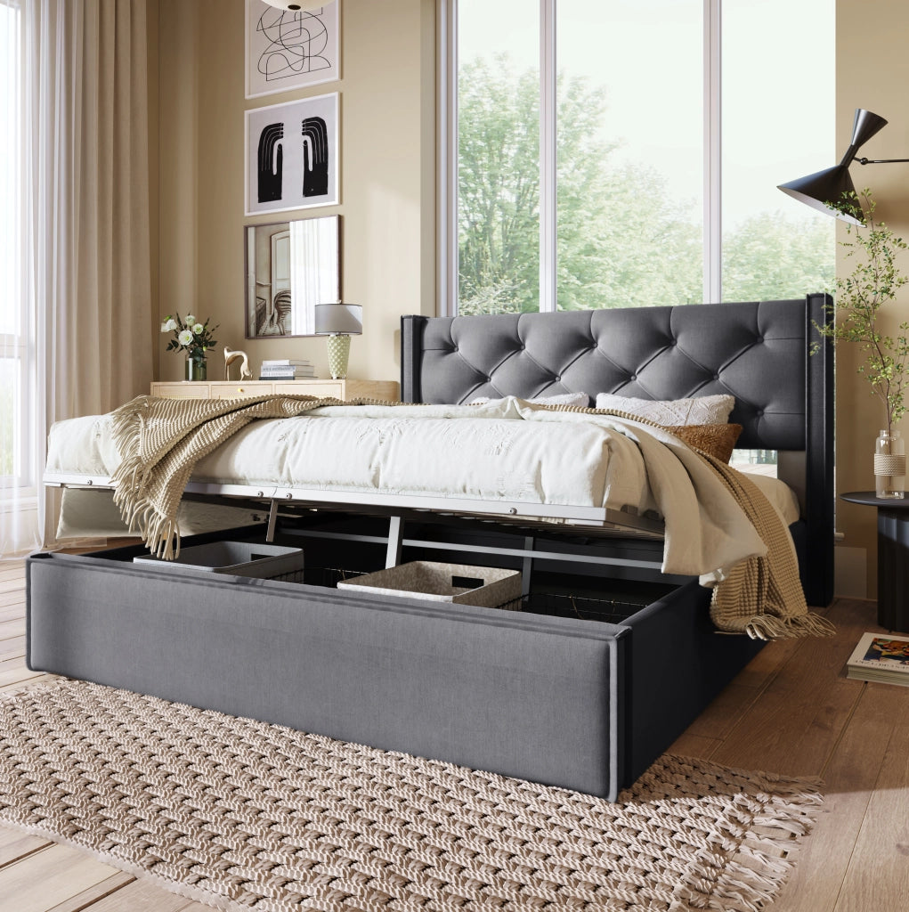 Letto matrimoniale imbottito con contenitore 140x200 cm in cotone; grigio