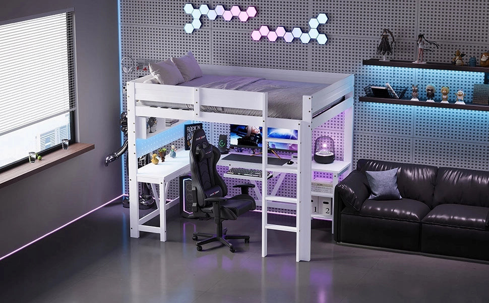 Letto gaming con scrivania - Xylo - 90x200 - Bianco - LED, ricarica, scaffali