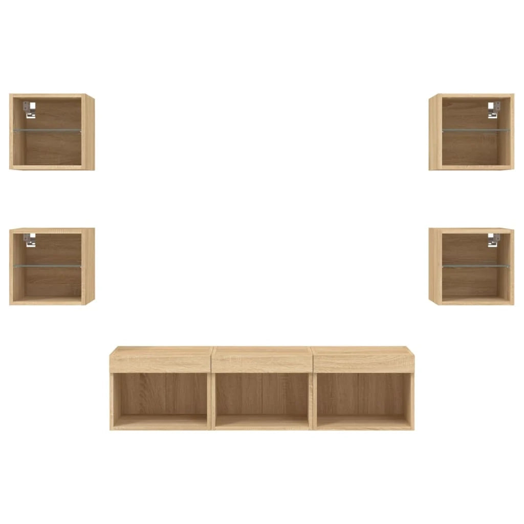 Mobile TV multimediale scaffale TV credenza mobile TV sala da pranzo soggiorno camera da letto con illuminazione a LED 7 pezzi legno ingegnerizzato rovere Sonoma marrone 02_0029470