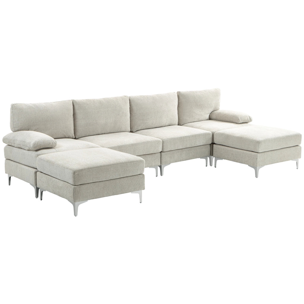 Divano Angolare 4 Posti con Poggiapiedi e Cuscini ¨C zephmum ¨C Tessuto Ciniglia Bianco Crema 313x149x88