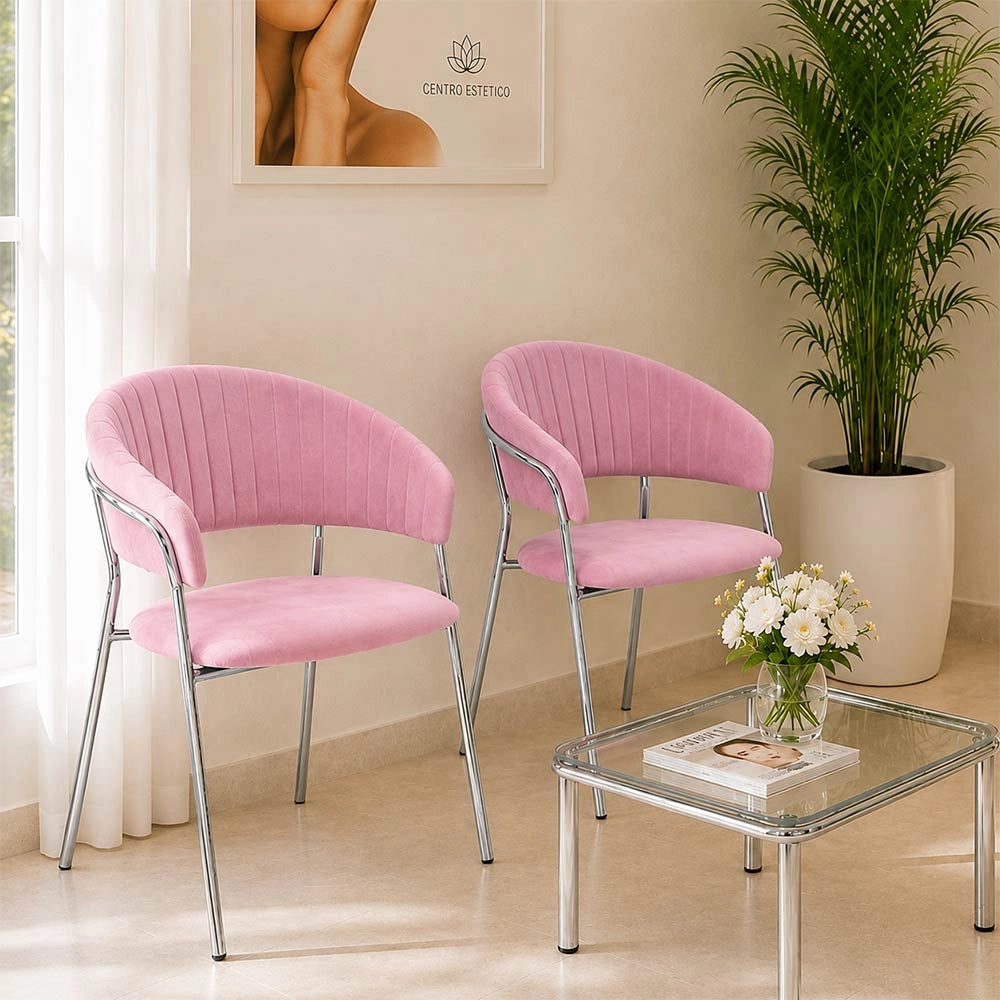 Sedie da pranzo set da 2 Aurelia in velluto rosa con gambe in ferro cromato