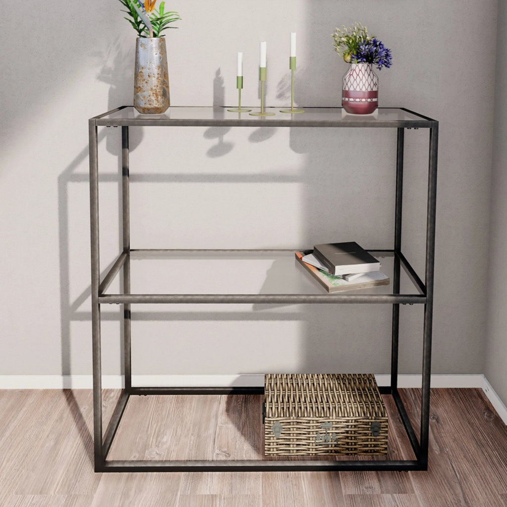 Tavolo a Consolle Konnevesi in Metallo Nero con 2 Piani in Vetro Temperato 85 x 80 x 30 cm [en.casa]