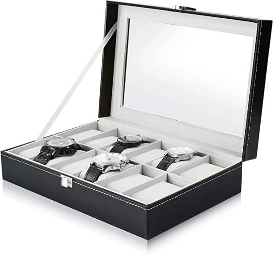 Cassa Orologio 12 Slot con Copertura in Vetro, Custodia in Pelle PU per Orologi da Uomo e Donna, Display e Custodia per Orologi come Regalo per San Valentino e Compleanno, Grigio