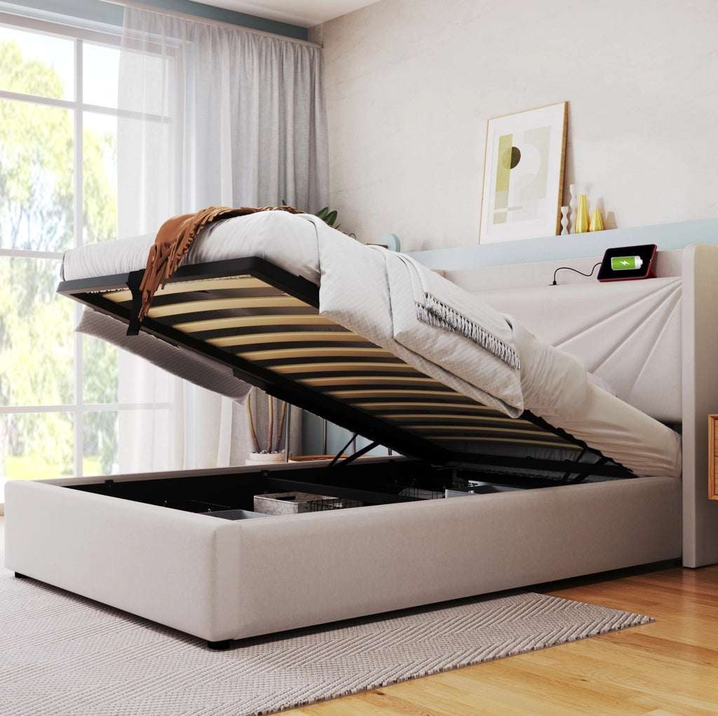 Letto singolo contenitore 90x200 beige con materasso e USB-C