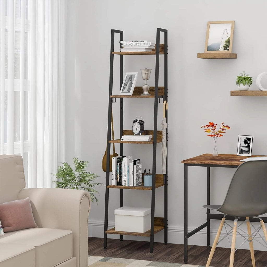 Libreria a 5 Ripiani, Scaffale con 4 Ganci Industriale, Scaffale a Scala in MDF e Metallo per Soggiorno, Cucina, Studio, Ufficio,Nero,40x36x170cm RGB9289hov
