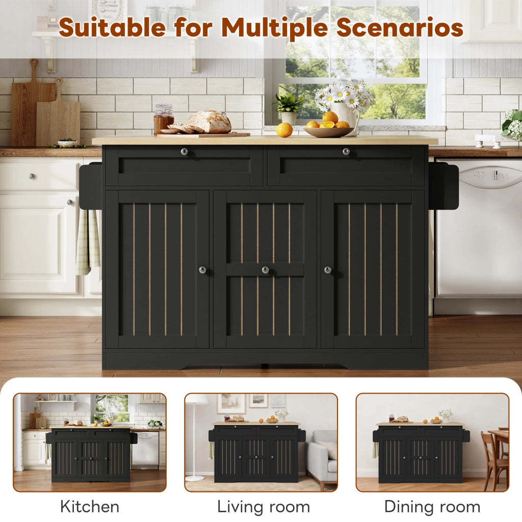 Carrello da cucina con piano ribaltabile, 2 cassetti e ripiani laterali in MDF nero 120 × 45 (70) × 92 cm