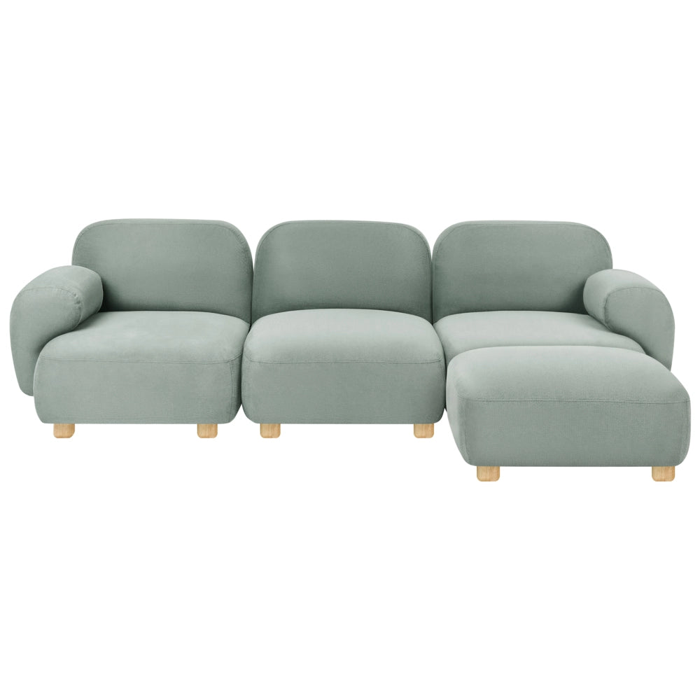 Divano modulare a 3 posti in tessuto con pouf tre elementi idrorepellente gambe in legno verde chiaro stile moderno