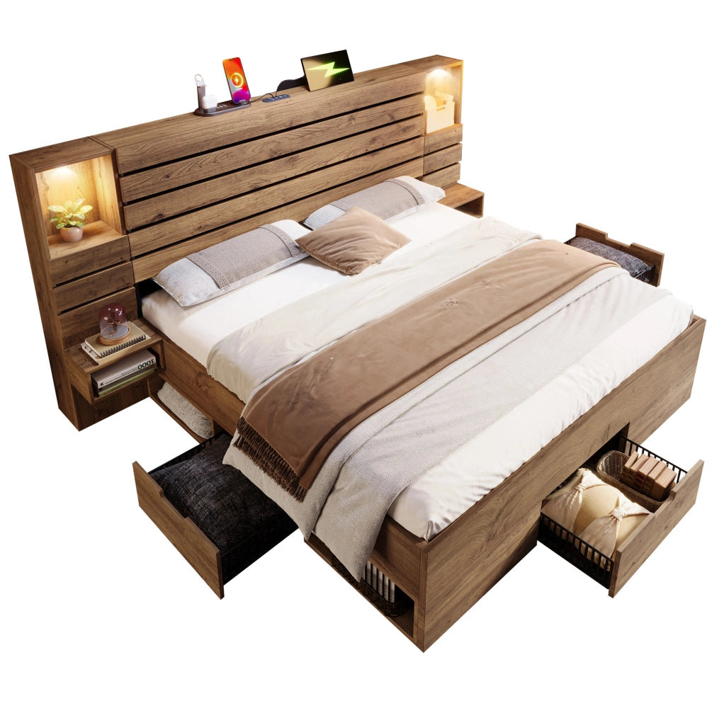 Letto matrimoniale 180x200 cm con LED; porte USB e Type-C; contenitore; effetto rovere