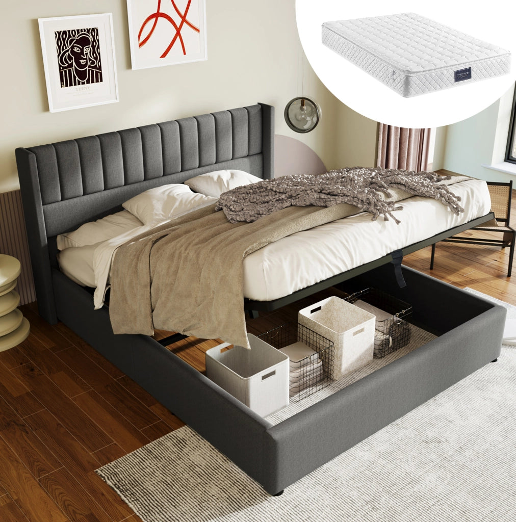 Letto matrimoniale contenitore 140x200 cm con rete sollevabile; in lino grigio