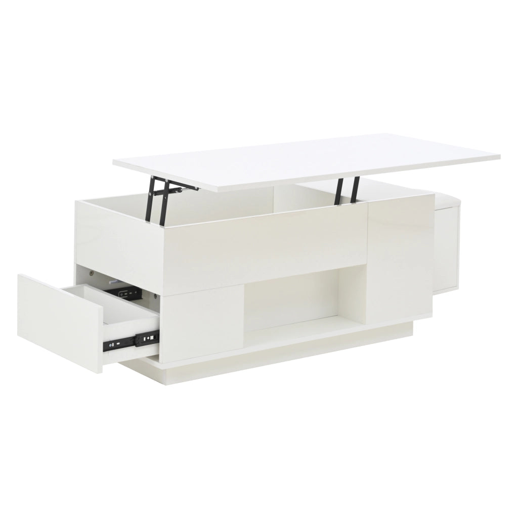 OKWISH Tavolino da Salotto Alzabile con 2 Cassetti, LED, Vano Nascosto e 2 Sgabelli, Bianco, 100 x 50 x 45 cm