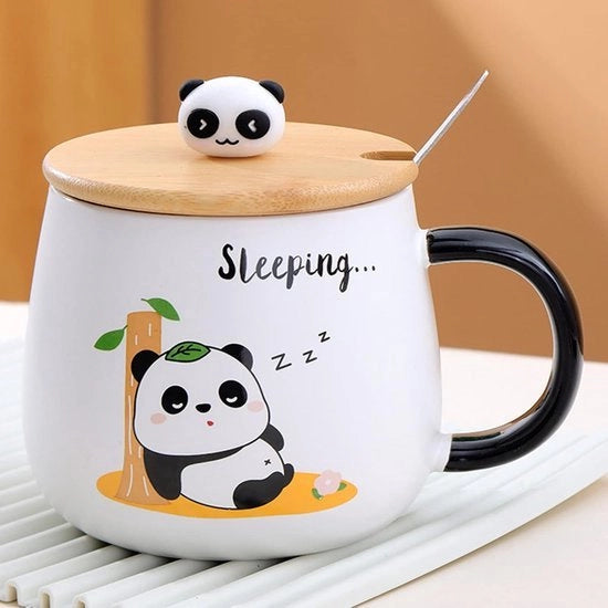 Tazza da Tè con Coperchio Panda Regalo 400ml Tazza Ceramica con Cucchiaio e Piattino di Sorbo Regalo di Compleanno