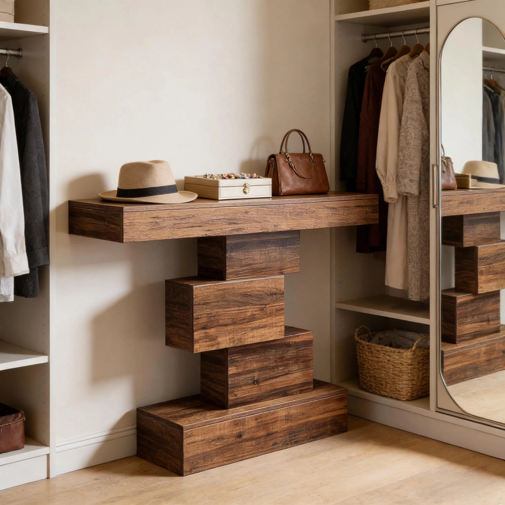 Consolle con struttura geometrica e ripiano decorativo per ingresso e soggiorno in legno marrone scuro 108 × 30 × 80 cm