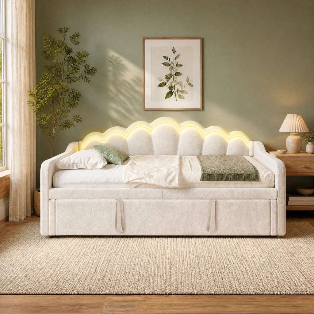 Letto estraibile divano 90 × 200 cm et 180 × 200 cm con LED regolabile, senza materasso, in velluto beige