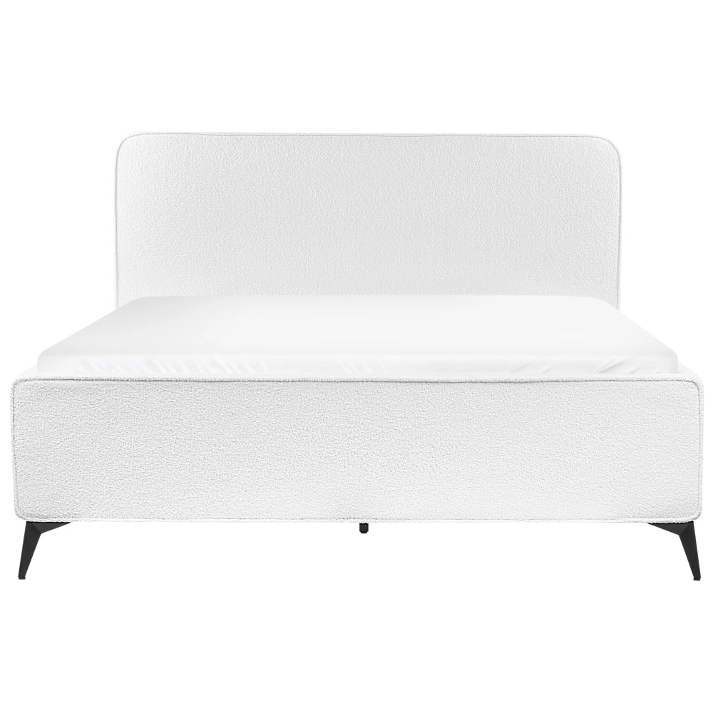 Letto matrimoniale imbottito in bouclé bianco sporco gambe in metallo nero 160x200 cm testiera stile classico minimalista