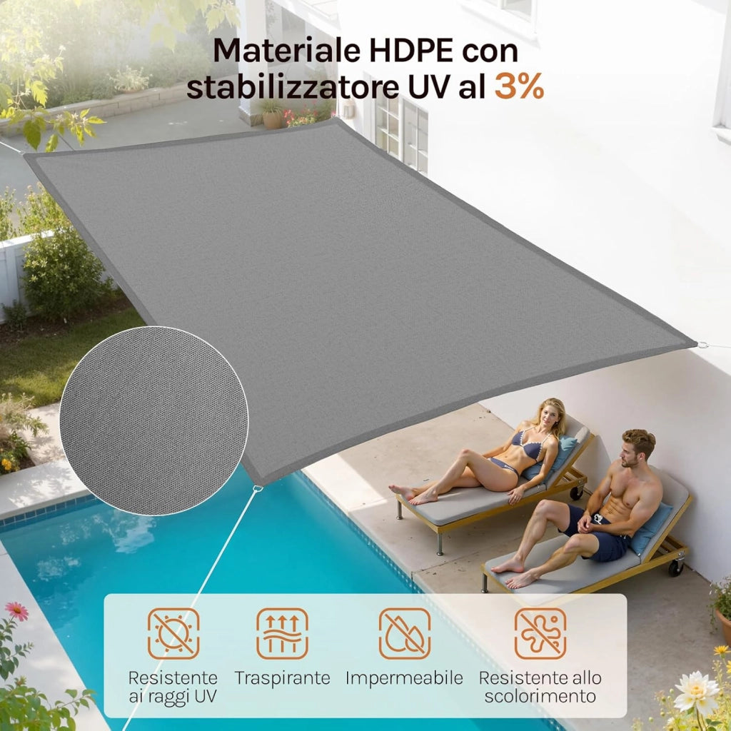 Vela ombreggiante 5x7m in HDPE 180 g/m² Traspirante Tenda a Vela Parasole Rettangolare Protezione Solare Respirante Anti UV Giardino Esterni Grigio
