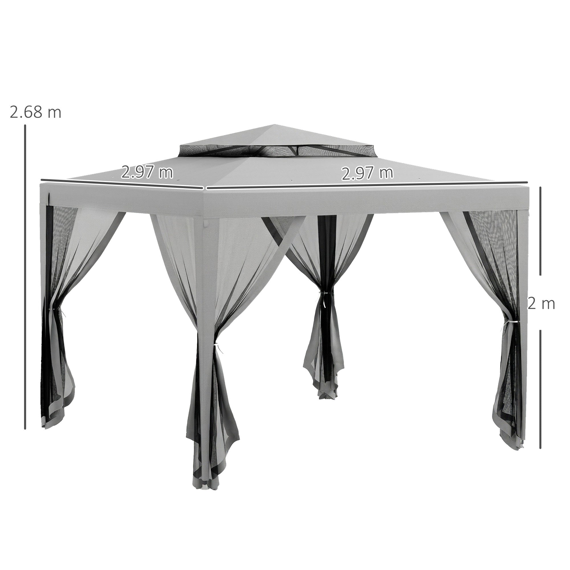 Gazebo da Giardino 3x3 m con Zanzariera Doppio Tetto e 8 Fori in Acciaio e Poliestere Grigio