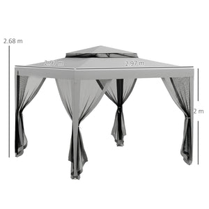 Gazebo da Giardino 3x3 m con Zanzariera Doppio Tetto e 8 Fori in Acciaio e Poliestere Grigio