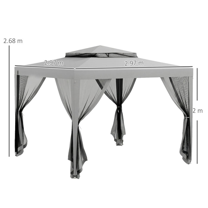 Gazebo da Giardino 3x3 m con Zanzariera Doppio Tetto e 8 Fori in Acciaio e Poliestere Grigio