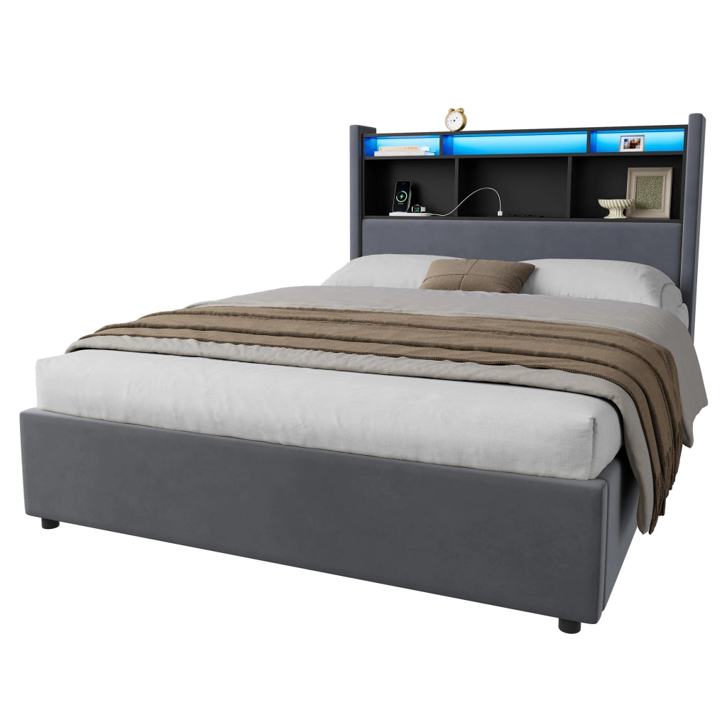 Letto matrimoniale contenitore imbottito grigio scuro 140x190 cm con LED e ricarica USB