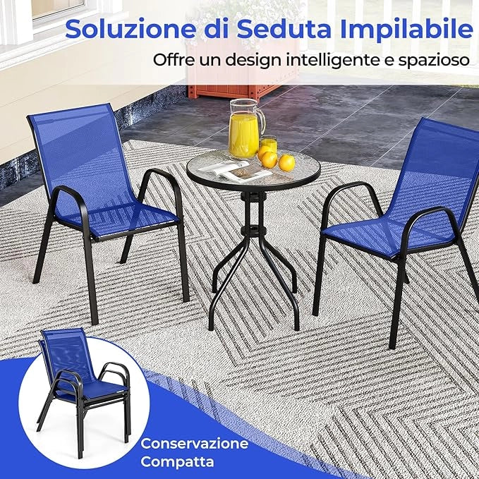 Set Mobili da Giardino 3 Pezzi, con Tavolo Rotondo in Vetro Temperato e 2 Sedie in Textilene Traspirante, per Esterno Balcone Giardino (Blu)