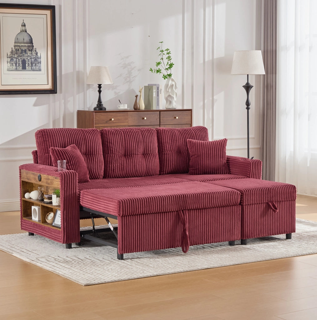 Divano letto 196x82x85 cm in tessuto bordeaux con vano contenitore， USB-C e LED