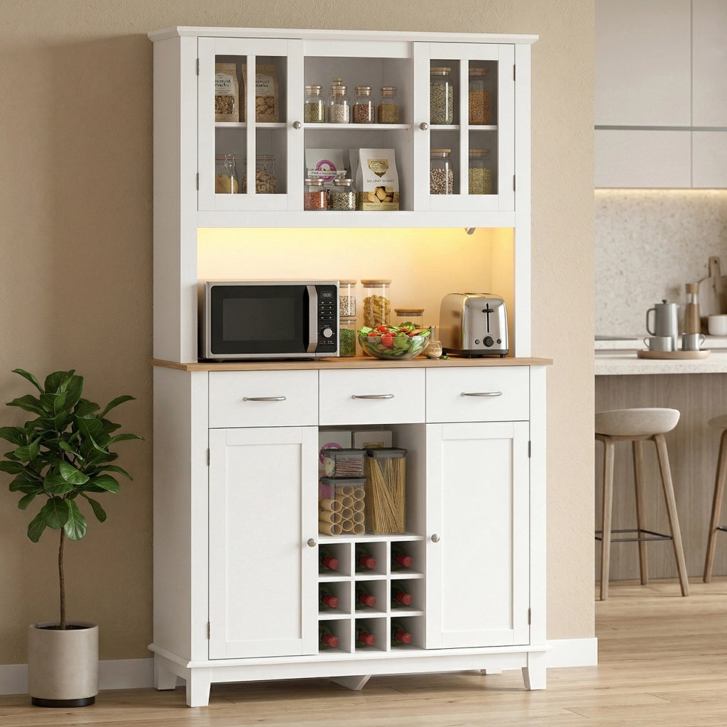 Armadio da Cucina con Porte Vetro e Illuminazione LED ¨C Zephmum ¨C Bianco