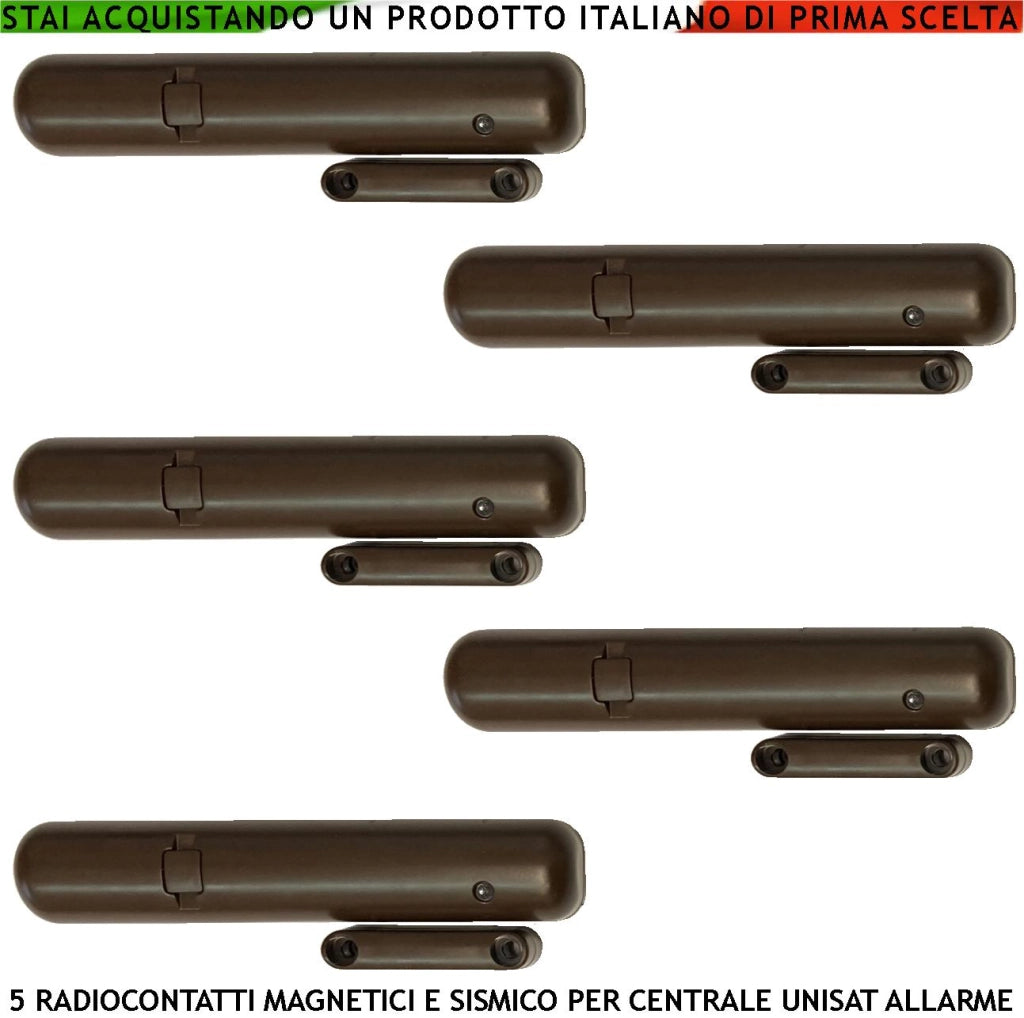 Radiocontatti 5 Pezzi Incorporano Sensore Magnetico e Sismico 2 Ingressi x Sensori Remoti Contaimpulsi Regolabili Anche da App Frequenza 868 MHz Codifica UNISAT2 Led Segnalazione Allarme Cover Marrone