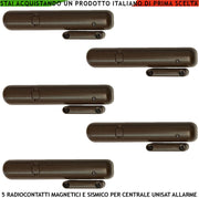 Radiocontatti 5 Pezzi Incorporano Sensore Magnetico e Sismico 2 Ingressi x Sensori Remoti Contaimpulsi Regolabili Anche da App Frequenza 868 MHz Codifica UNISAT2 Led Segnalazione Allarme Cover Marrone