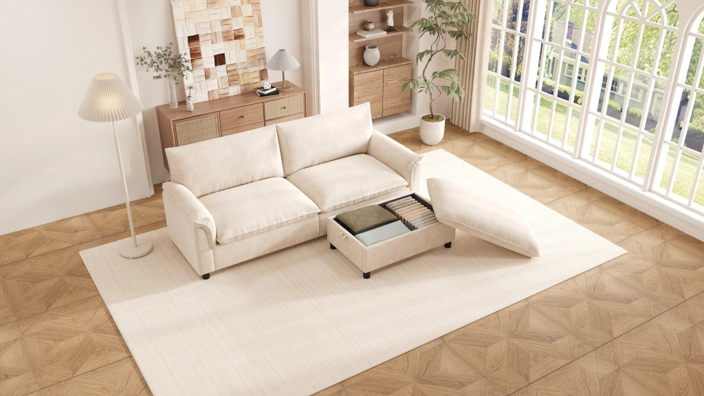 Divano modulare con pouf mobile e contenitore, seduta profonda in ciniglia beige, schienale alto 216 × 77 × 82 cm