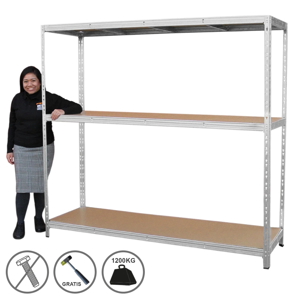 Scaffale da Garage e Magazzino HD Scaffalatura in Acciaio Galvanizzato Portata di 1200kg con Design ad Incastro Senza Bulloni Larghezza - 200cm