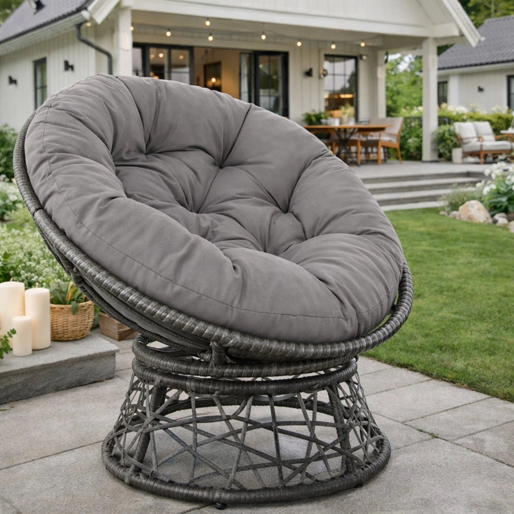 Poltrona Relax Da Esterno Girevole Con Cuscino Imbottito Seduta Rotazione 360 Gradi Per Giardino Terrazzo Patio Veranda Bordo Piscina 64 x 80.5 Cm Grigio