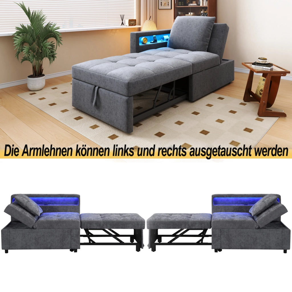 DIVANO LETTO 3 in 1 177x68x65 cm Grigio chiaro in tessuto con LED e USB