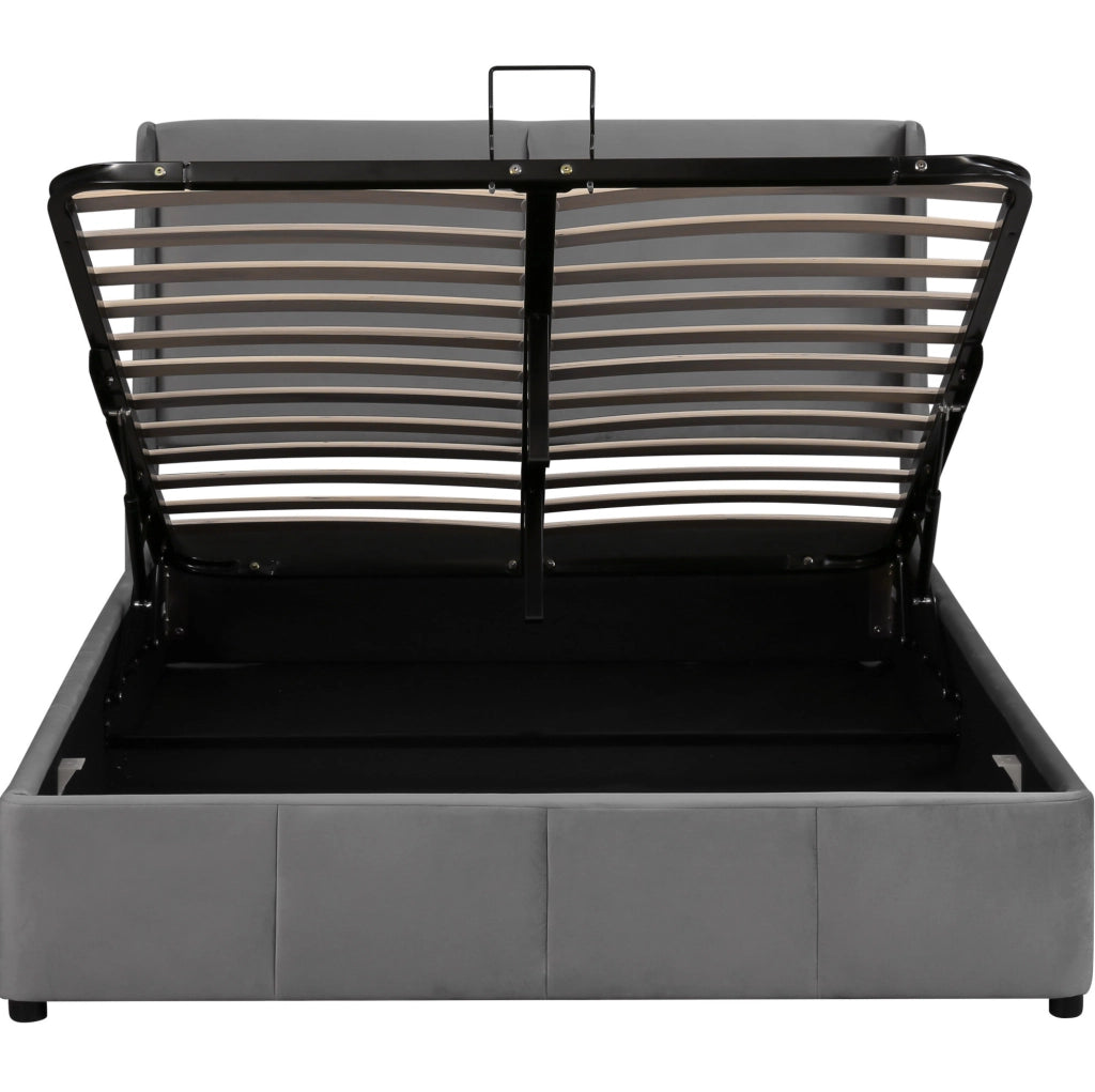 Letto imbottito con contenitore; design a orecchie; 140x190 cm; velluto grigio