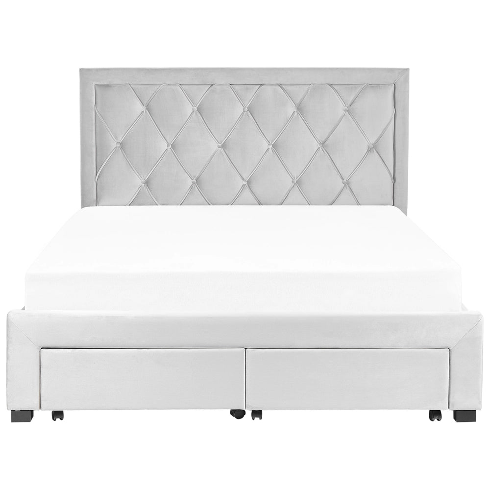 Letto contenitore tappezzeria in velluto grigio chiaro 160 x 200 cm trapuntato testiera alta cassetti Glam Design